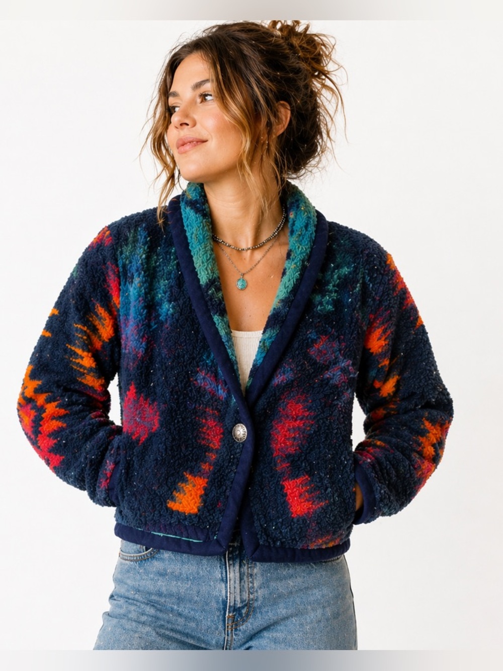 Vintage Southwest Aztec Fleece Jacket L XL Oversized Cozy Tribal